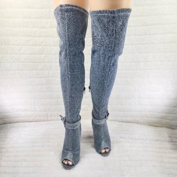 Glamour Chic Silver Metallic Thread Stretch Over The Knee 4" High Heel Boots - Picture 2 of 6